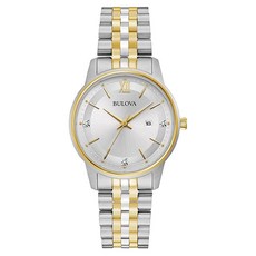 Bulova 여성용 클래식 다이아몬드 투톤 골드 스테인리스 스틸 3핸드 캘린더 날짜 쿼츠 시계 로즈 골드/실버 다이얼 클래식, 실버 다이얼