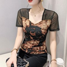 시스루어깨 반팔 차밍 상의 라틴 모던 라인댄스복