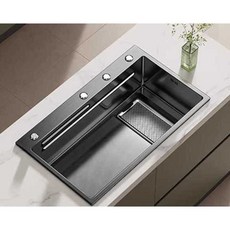 멀티 싱크볼 사각볼 더블액션 실크스톤 폭포 개수대, 68x45 검정+정수+도마