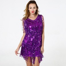 반짝이 스팽글 태슬 원피스 트로트 고고장구 품바옷 의상 자켓 무대 공연 옷 축제 파티 행사, M, 퍼플, 1개