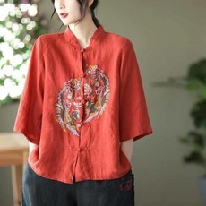 여성 레트로 자수 린넨셔츠 에스닉 브랜드 품질 코튼 린넨 셔츠 블라우스 디스크 버튼 스탠드업 칼라 루즈 라지 사이즈