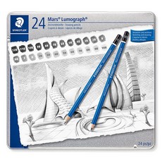 STAEDTLER 施德樓 Mars Lumograph 頂級藍桿 繪圖/素描/製圖鉛筆鐵盒組 24支入, 1個