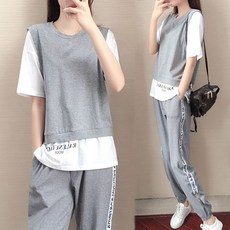 S-4XL 大尺碼套裝 兩件套 運動套裝 套裝女夏季韓版寬鬆時尚洋氣假兩件上衣拼接休閑運動服兩件套