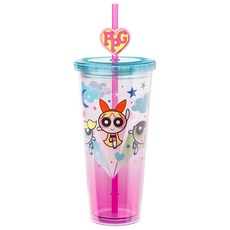 Silver Buffalo Sanrio 헬로 키티 카와이 귀여운 하트와 스파클 플라스틱 콜드 컵 뚜껑과 빨대 토퍼 포함 680.4g24온스 126668, 24온스, 파워퍼프 걸스 오리지널