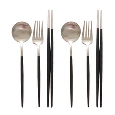newris 餐具西式餐具勺叉筷子套組 2, 銀黑色, 2湯匙+2叉+2筷子