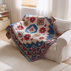 波西米亞民族風流蘇沙發巾 簡約純棉蓋布墊, 繁花幾何紅藍,180x130