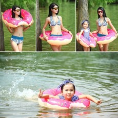 現貨 泳圈 加厚亮片孔雀造型泳圈 兒童游泳池適用 戲水必備, 1個, (y28)粉色甜甜圈 90#