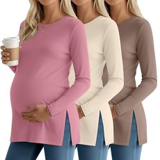 Riyiper 3팩 여성용 임산부 셔츠 스플릿 사이드 크루넥 임산부 티 탑 긴소매 루즈핏 캐주얼 엄마 의류 블랙 커피 아미 그린 XXL, 커피, 크림, 핑크