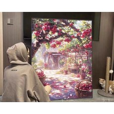 실십자수 프린트 체리 마을 디자인 홈데코 소품 면사, 페인팅 50x65cm 전체 풀 스티커, 1개