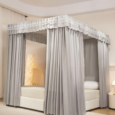 新款三開門床幔家用公主風雙層落地防塵遮光床簾擋風保暖蚊帳支架, 初夏灰色,1.0米寬*2米（杆+簾）送燈