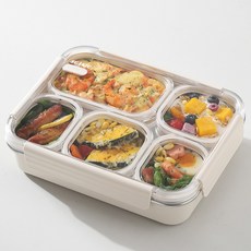 직장인 전자레인지 도시락통 나눔 밀폐 스텐 반찬통 소풍 식판 런치박스, 1490ml  5칸 백색, 1개