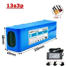 뉴오 팩 드 배터리 리튬이온 48V 30Ah 2000W 13S3P DC/T 모터용 적합 BMS 충전기 54.6V 포함, [05] XT60-T