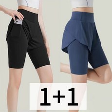 CBHV 여성여름 레이어드 5부 레깅스 쿨 포켓 냉감 운동 반바지 일체형 1+1