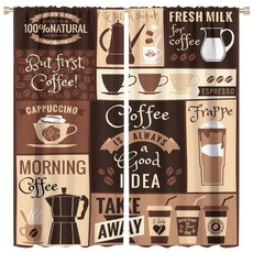 브라운 커피 주방 커튼 소박한 농가 빈티지 카푸치노 라떼 찻잔 프린트 디자인 봉 포켓 암막 창문 드레이프 침실 거실 106.7 x 114.3cm(42 45인치)