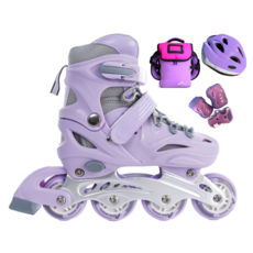 [인라인세트] 사이즈 조절형 아동용 발광바퀴 인라인 스케이트+헬멧+보호대+가방, 솔리드 퍼플, 1개