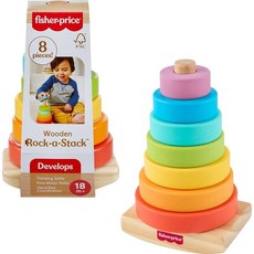 Fisher-Price 나무 유아용 장난감 Rock-a-Stack 8피스 나무 링 쌓기 활동 소근육 운동 기술 발달을 위한 18개월 이상 아동용, Fisher-Price 나무 유아용 장난감 Rock-a