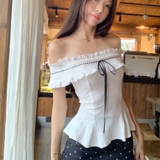 COSYEVNO 여성 여름 오프숄더 프릴 리본 티셔츠 슬림핏 플레어 밑단 Tzkyzjdx-10