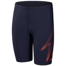 SPEEDO 男孩青少年運動及膝泳褲 Boom LOGO 深藍/火山橘，舒適彈性面料，快乾耐穿，水上運動首選