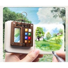 그림 도구 미니 미술 수채화 물감 세트 휴대용 12색 24색 작은 나무 상자 팔레트, A. 그림책 8칸세트+12색 물감+그림책+펜