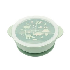 Combi 康貝 分隔吸盤碗 寶寶餐具 兒童餐碗 防滑吸盤 附蓋, 綠色-恐龍, 1個