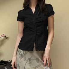 Yellwell 여름 여성복 캐주얼 단추 롤업 V넥 셔츠 솔리드 컬러 슬림핏 백 리본 반팔 티셔츠 DJP