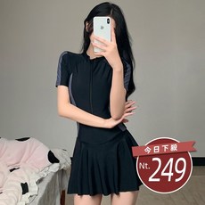 韓版運動風收腰顯瘦連身泳衣 帶胸墊 連身裙 吊帶裙 女裝, 黑色白條