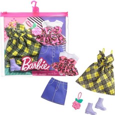 Barbie Fashions 2팩 의류 세트 노란색 격자 무늬 드레스 꽃무늬 탑 데님 스커트 및 액세서리 2개 의상 인형 만 3~8세 아동용 선물 162165, Barbie Fashions 2팩 의류 세트, 노란색
