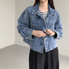 [행복여] 로인 뒷 밴딩 양 포켓 카라 루즈핏 데님 청자켓