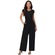Chicingyou 여성용 여름 점프수트 드레시 캐주얼 크루넥 캡 슬리브 와이드 레그 팬츠 롬퍼 우아한 원피스 의상 블랙. XL