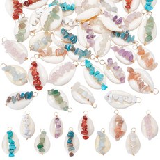 40개 10가지 스타일의 천연 조개껍질 펜던트 구리선으로 감싼 천연 원석 장식 다양한 색상 26x15x12mm 구멍: 2mm, 혼합색