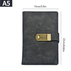 A5 200 페이지 잠금 일기가있는 레트로 암호 책 두꺼운 크리 에이 티브 핸드 레저 학생 메모장 편지지 노트 바인더, Black