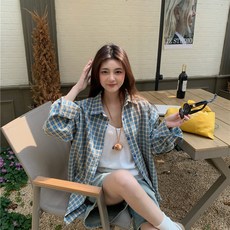 투니스 여성 체크 루즈핏 긴소매 셔츠