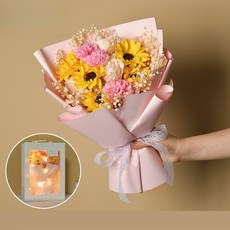 Zebeer 이벤트용 프리저브드플라워 시들지않는 장미 해바라기 안개꽃다발, 해바라기*핑크