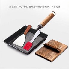 鑄鐵日式玉子燒鍋 無塗層加厚方形煎蛋鍋, 1個, 木柄玉子燒鍋 木蓋+不銹鋼剷+油刷