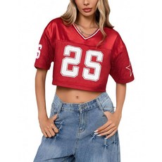 여성용 저지 셔츠 Y2k 그래픽 넘버 티 힙합 브이넥 반소매 메시 크롭 탑 배기 스트리트웨어 티셔츠 상의 레드 L