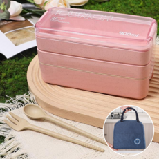 코슈아 직장인 전자레인지용 3단 도시락통 세트, 1세트, 노드릭 핑크