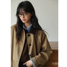 IPUI 實拍秋冬日系文藝復古撞色翻領小個子工裝風衣外套女 臺灣發貨