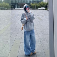 투니스 여성 루즈핏 기모 프린팅 긴소매 후드 티셔츠