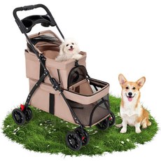 개와 고양이를 위한 YYW 더블 펫 유모차 컵 홀더가 있는 한 손 접이식 반려견, Khaki