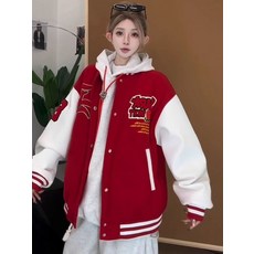 時尚印花棒球服夾克外套 紅色拼白色 寬鬆休閒學生情侶款上衣