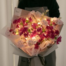 진달래 조화 꽃다발 LED 포멀아젤리 60cm 인테리어 꽃선물 장식 기념일 졸업식 조명 발표회 학예회, 전구 (웜), 1개