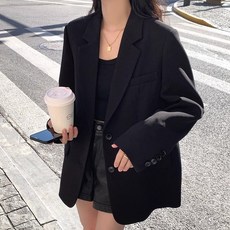 Yellwell여성 블랙 오버핏 자켓 캐주얼 정장 스타일 데일리 출근룩 봄가을 아우터mxl