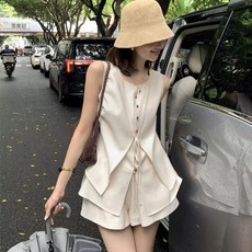 法式高級感老錢風氣質套裝女夏新款假兩件無袖馬甲短褲兩件套