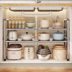 不銹鋼下水槽分層收納架 廚房置物架 櫥櫃 內多用雜物鍋具可伸縮架子 廚房層架 廚房水槽 水槽 鍋具收納架 廚房架, 1個, 【層高6檔可調】無畏潮濕,【雙層6板】伸縮34-53cm