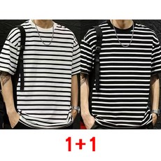 1+1 남성 스트라이프 반팔 티셔츠 여름 루즈핏 데일리 상의 캐주얼 프리미엄 라운드넥 반팔티 WMY