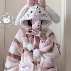 【 臺灣\齣貨 】鞦鼕季新款條紋三色盃睡袍女 加厚可愛小兔子珊瑚絨 睡衣傢居服套裝【秦小姐精品店】