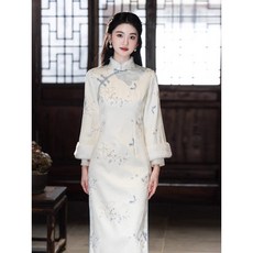 白色蝴蝶刺繡旗袍，加絨加厚保暖，中式改良長袖旗袍裙，宴會旗袍