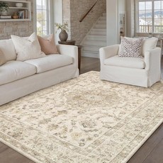 PureCozy 5.1x12.7cm(2x5인치) 러너 러그 베이지 세탁 가능한 복도 주방 침실 빈티지 디스트레스드 욕실 미끄럼 방지 메달리온 꽃무늬 카펫 실내 레트로 바닥 매트, 3 x 5피트, 3-베이지