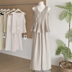 夏日絕美穿搭套裝慵懶鬆弛V領背心上衣闊腿長褲韓系時尚兩件套女 韓版女生套裝 夏季女裝