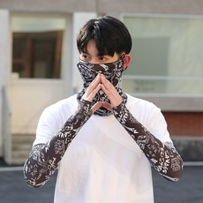 夏季防曬冰袖男女冰絲袖套防紫外線手臂袖開車戶外騎行長面罩遮陽套裝-塗鴉黑默認顏色